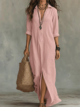 Load image into Gallery viewer, Long-sleeve Maxi Dress Casual Solid Color Lapel Collar Side Slit Beach Dresses Women's Clothing