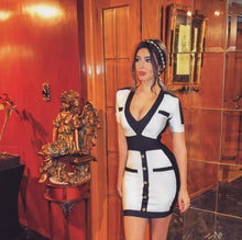 Load image into Gallery viewer, Free Shipping Wholesale Women Summer Sexy V Neck Patchwork Buttons Bandage Dress 2024 Ladies Knitted Elastic Evening Party Dress