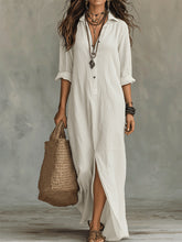 Load image into Gallery viewer, Long-sleeve Maxi Dress Casual Solid Color Lapel Collar Side Slit Beach Dresses Women's Clothing