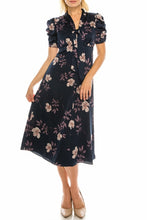 Load image into Gallery viewer, Maggy London Navy Lavender Floral Printed Satin Midi Dress