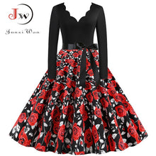 Load image into Gallery viewer, Big Swing Print Vintage Dress Women V Neck Sexy