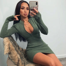 Load image into Gallery viewer, Women Bodycon Ribbed Dress Stand Collar Zipper Deep V-neck Stretch