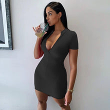 Load image into Gallery viewer, Women Bodycon Ribbed Dress Stand Collar Zipper Deep V-neck Stretch