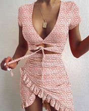 Load image into Gallery viewer, Cryptographic Floral Print Fashion Tie Up Wrap Mini Dress
