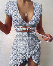 Load image into Gallery viewer, Cryptographic Floral Print Fashion Tie Up Wrap Mini Dress
