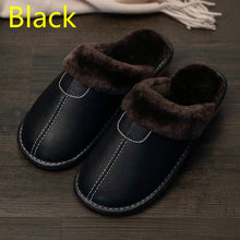 Load image into Gallery viewer, Men Slippers Black New Winter PU Leather Warm Indoor Waterproof