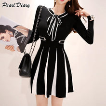 Load image into Gallery viewer, 2021 New Fashion Knitted Dress Women Vintage Striped Fall Winter Bow Collar Slim Elastic A-line Ladies Sweater Dress Vestidos