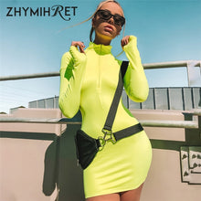 Load image into Gallery viewer, ZHYMIHRET 2021 Autumn Neon Color Dress For Women Sexy Skinny Zipper Front Long Sleeve Dress Fall Party Mini Vestidos Female