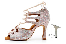 Load image into Gallery viewer, DILEECHI Women Latin Dance Shoes Skin Satin Shining Big small rhinestone dancing shoes Flare heel 9cm Narrow foot Adjust width