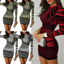Load image into Gallery viewer, Fall Women Sexy Striped Pattern Elegant Temperament Quality O Neck Dresses Autumn Winter Long Sleeve Bodycon Casual Mini Dress