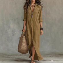 Load image into Gallery viewer, Long-sleeve Maxi Dress Casual Solid Color Lapel Collar Side Slit Beach Dresses Women's Clothing
