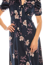 Load image into Gallery viewer, Maggy London Navy Lavender Floral Printed Satin Midi Dress
