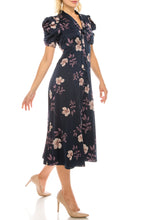 Load image into Gallery viewer, Maggy London Navy Lavender Floral Printed Satin Midi Dress
