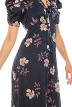 Load image into Gallery viewer, Maggy London Navy Lavender Floral Printed Satin Midi Dress
