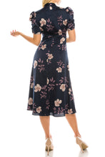 Load image into Gallery viewer, Maggy London Navy Lavender Floral Printed Satin Midi Dress
