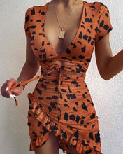 Load image into Gallery viewer, Cryptographic Floral Print Fashion Tie Up Wrap Mini Dress
