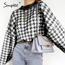 Load image into Gallery viewer, Simplee Women geometric khaki knitted sweater Houndstooth pullover
