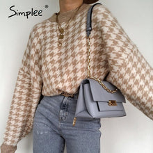 Load image into Gallery viewer, Simplee Women geometric khaki knitted sweater Houndstooth pullover
