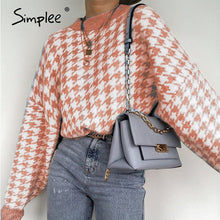 Load image into Gallery viewer, Simplee Women geometric khaki knitted sweater Houndstooth pullover
