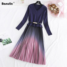Load image into Gallery viewer, Elegant Knitted Patchwork Gradient Pink Pleated Dress
