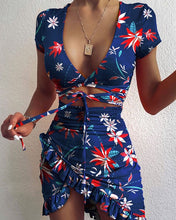 Load image into Gallery viewer, Cryptographic Floral Print Fashion Tie Up Wrap Mini Dress
