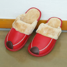 Load image into Gallery viewer, Men Slippers Black New Winter PU Leather Warm Indoor Waterproof
