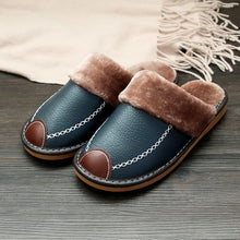 Load image into Gallery viewer, Men Slippers Black New Winter PU Leather Warm Indoor Waterproof
