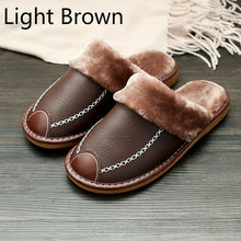 Load image into Gallery viewer, Men Slippers Black New Winter PU Leather Warm Indoor Waterproof
