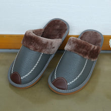 Load image into Gallery viewer, Men Slippers Black New Winter PU Leather Warm Indoor Waterproof
