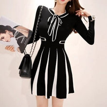 Load image into Gallery viewer, 2021 New Fashion Knitted Dress Women Vintage Striped Fall Winter Bow Collar Slim Elastic A-line Ladies Sweater Dress Vestidos
