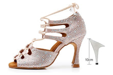 Load image into Gallery viewer, DILEECHI Women Latin Dance Shoes Skin Satin Shining Big small rhinestone dancing shoes Flare heel 9cm Narrow foot Adjust width
