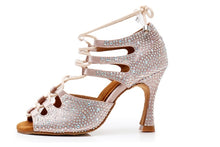 Load image into Gallery viewer, DILEECHI Women Latin Dance Shoes Skin Satin Shining Big small rhinestone dancing shoes Flare heel 9cm Narrow foot Adjust width

