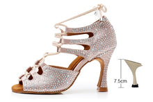Load image into Gallery viewer, DILEECHI Women Latin Dance Shoes Skin Satin Shining Big small rhinestone dancing shoes Flare heel 9cm Narrow foot Adjust width
