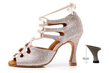 Load image into Gallery viewer, DILEECHI Women Latin Dance Shoes Skin Satin Shining Big small rhinestone dancing shoes Flare heel 9cm Narrow foot Adjust width
