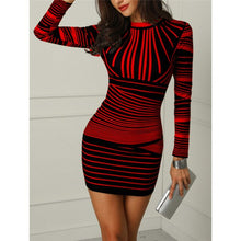 Load image into Gallery viewer, Fall Women Sexy Striped Pattern Elegant Temperament Quality O Neck Dresses Autumn Winter Long Sleeve Bodycon Casual Mini Dress
